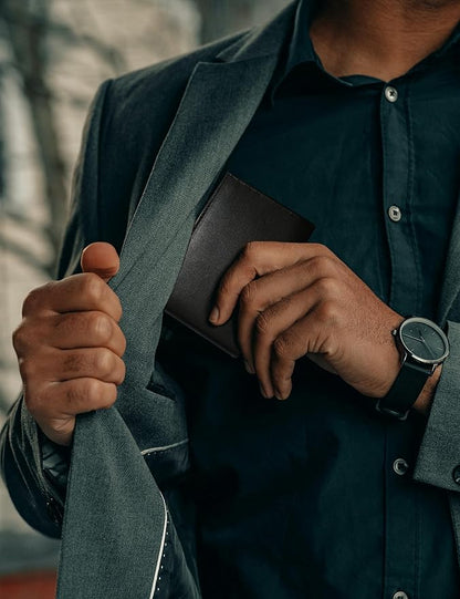 Mens Genuine Leather Bifold RFID Blocking Wallet with 14 Card Slots, ID Window & 2 Cash Pocket - Includes Gift Box (Modern Black)