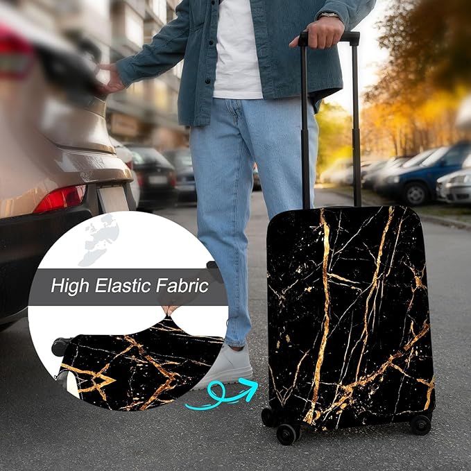 Luggage Cover Protector for 26-28 Inch Suitcases, TSA Approved Elastic Travel Suitcase Covers, Anti-Scratch Washable Luggage Sleeve for Carry On & Checked Bags, Black Marble