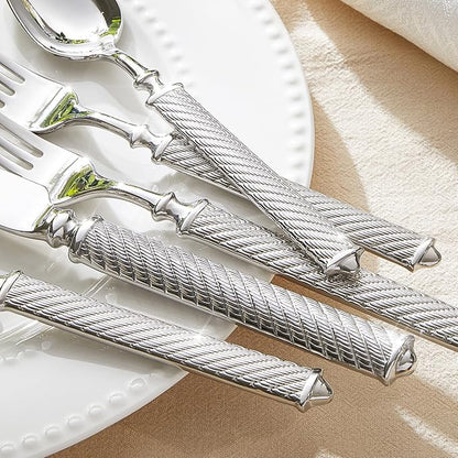 KINGSTONE Retro Rope-Pattern Silverware Set, 60-Piece Flatware Set Cutlery Set Forged with Handcrafted Texture Handles 18/10 Stainless Steel, Dishwasher Safe