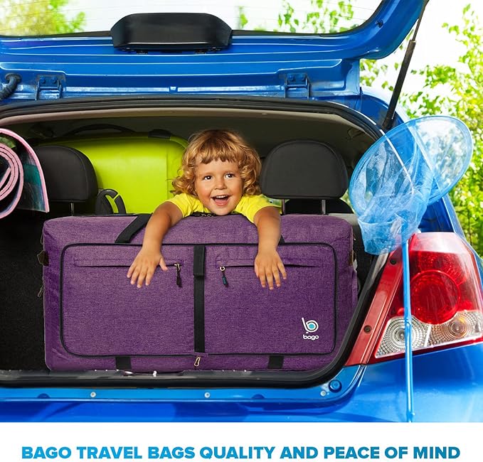 Bago Big XXL Foldable Duffel Bags for Traveling Women & Men - 140L Packable Duffle Bag for Travel with Shoe Compartment - Water Repellant, Heavy Duty, Lightweight Folding & Collapsible (SnowDepPurple)