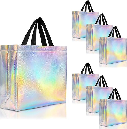 Nush Nush Set of 30 Large Iridescent Gift Bags in Bulk - Big Holographic Reusable Gift Bags With Black Handles - For Small Business, Gifting Events, Christmas, Birthdays - 13Wx5Dx11H Size