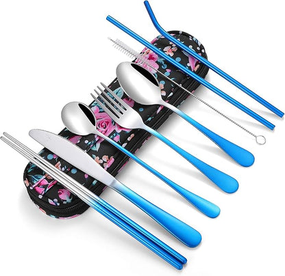 Travel Utensils,Reusable Silverware Set To Go Portable Cutlery Set with a Waterproof Carrying Case for Lunch Boxes Workplace Camping Picnic (GraBlue)