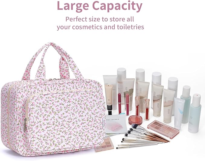 Narwey Travel Toiletry Bag for Women Large Hanging Makeup Bag Organizer Toiletries Bag for Full Size Essentials Accessories Cosmetics (Green Leaves and Flower (Large))