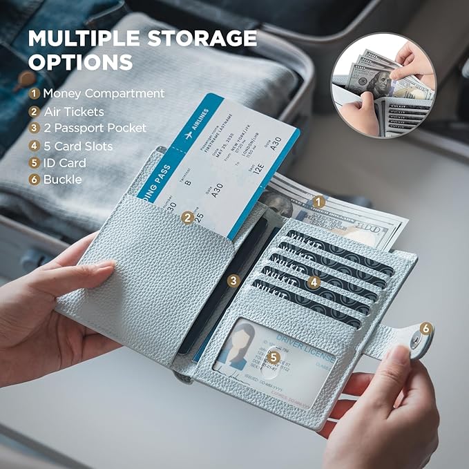 VULKIT Leather Passport Travel Wallet for 2 Passports Pocket Slim Double Passport Holder RFID Blocking with ID Window for Women or Men