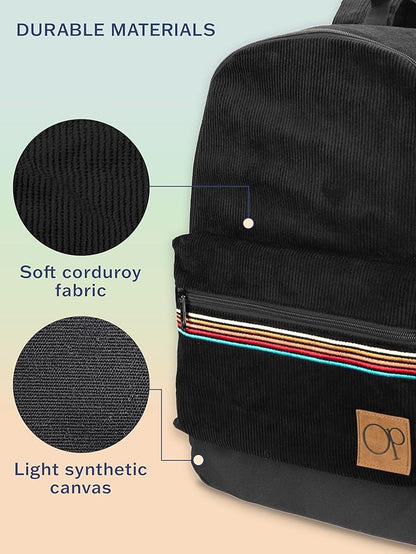 Ocean Pacific OG Corduroy Backpack for Travel, Sports, Beach, Work, Casual Daypack for Men Women Fits 15.6 Inch Laptop (Black)