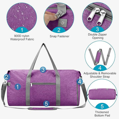Felipe Varela Carry on luaggage Airlines Approved, Foldable Carry on Bag Travel Duffel Bags Overnight weekender Gym Duffle Carry Bag with Wet Pocket & Shoe Compartment for Women Men (Purple, 40L)