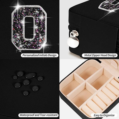 Personalized Jewelry Case for Women Girls - Fashion Mini Jewelry Boxes - Trendy Travel Jewelry Organizer with Initials Letter - Teen Gifts | Black,O