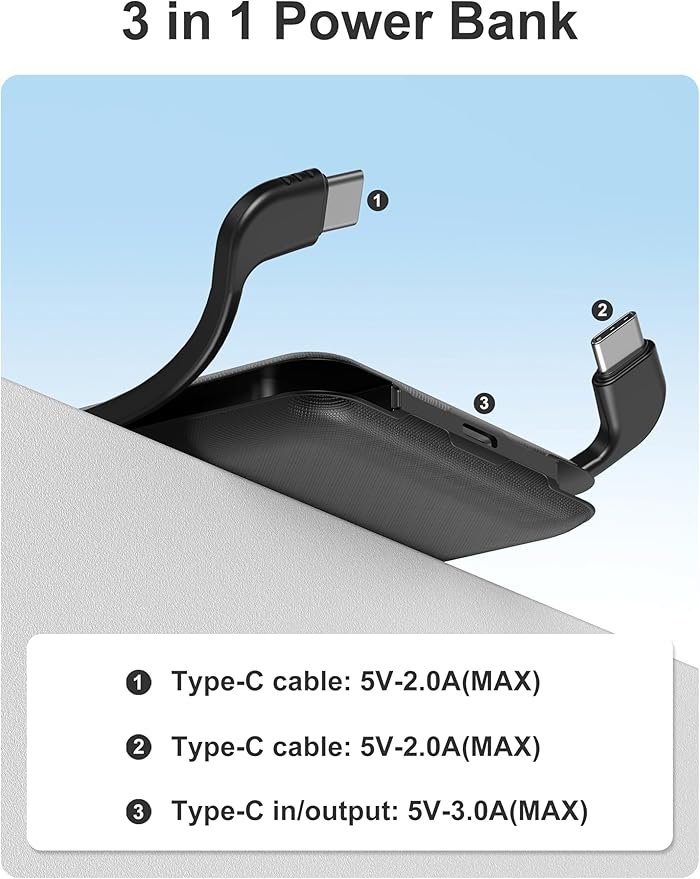 10000mAh Compatible with iPhone 15/16/17 and Android, Slim Portable Charger with Built in Cable, Power Bank Travel Charger External Battery Pack for Phone, 3 Output USB Type C, 2 Pack Black & Pink