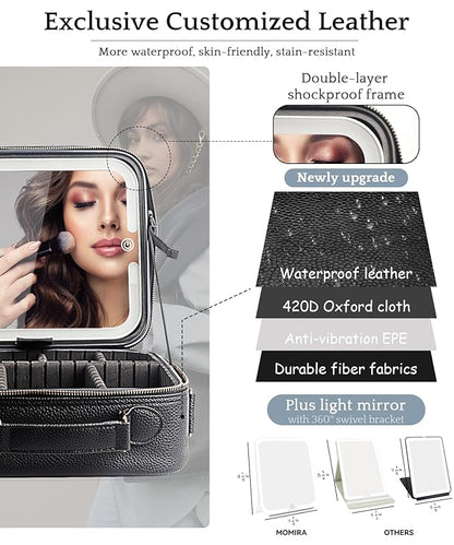 MOMIRA Travel Makeup Bag Cosmetic Bag with Lighted Mirror, Adjustable Brightness in 3 Color Scenarios/Detachable makeup mirror, All-round Upgrade, Waterproof, Gift for Women -Black