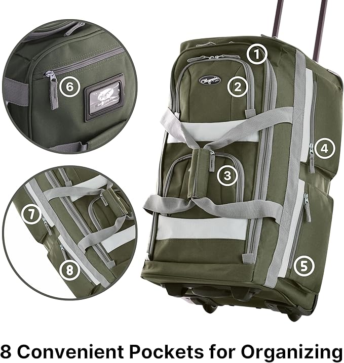 Olympia U.S.A. 33 inch Jumbo Size 8 Pockets Wheeled Rolling Duffel Bag Water Resistant Luggage Lightweight Travel Suitcase with Retractable Handle