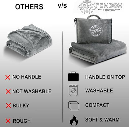 2-in-1 Travel Blanket and Pillow – Lightweight, Compact, Ultra Soft, Machine Washable – Handle, Luggage Sleeve, Backpack Clip – for Travel Airplane, Car, Office (Gray)