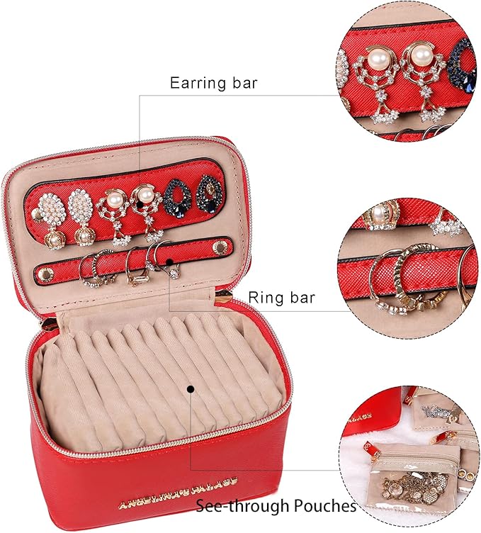 Angelina's Palace Jewelry Organizer Case Bridesmaid Gifts Travel Bag Vegan Leather Box for Necklace Earring Bracelet Ring(bright red)