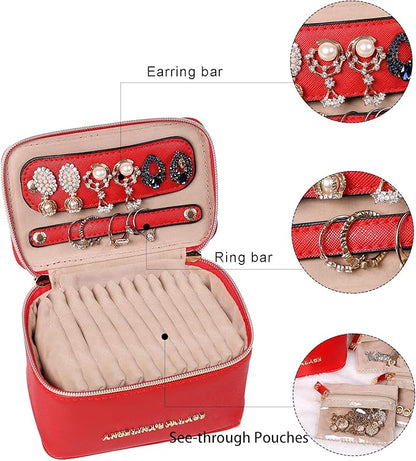 Angelina's Palace Jewelry Organizer Case Bridesmaid Gifts Travel Bag Vegan Leather Box for Necklace Earring Bracelet Ring(bright red)