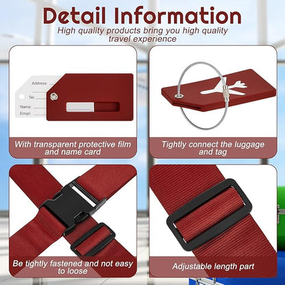 Weewooday 8 Pcs Luggage Straps Suitcase Tags Set for TSA Approved, 4 Travel Adjustable Suitcase Belt, 4 Silicone Luggage Tags with Name ID Card Travel Accessories(Wine Red,Airplane)