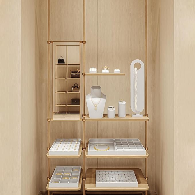 Oirlv Premium White Leather Stackable Jewelry Tray 24 Grid Jewelry Drawer Organizer Trays Rings Earrings Storage