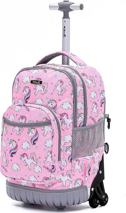 NEW TILAMI 18 Inch Rolling Backpack with Wheels for Girls Boys Kids Laptop Backpack School Travel, Pink Unicorn