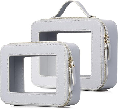 Pinkmik Clear Makeup Bag for Women Waterproof Travel Cosmetics and Toiletries Case Portable Makeup Oaganizer Bag Clear Car Bag with Zipper (Gray, M+L)