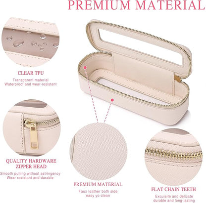 Pinkmik Travel Clear Makeup Bag with Brush Case TSA Approved Toiletry Bag Waterproof Cosmetic Organizer with Zipper Car Essential for Women (Beige, M+SLIM)