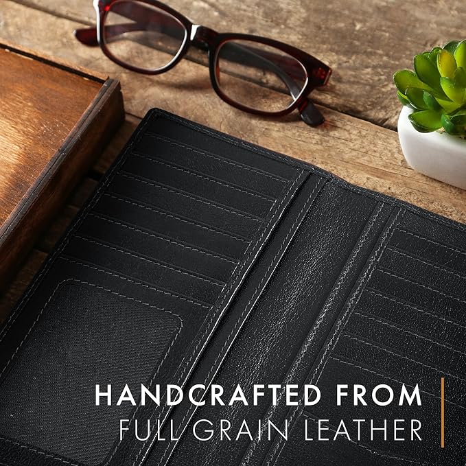 ELIZO Men's Genuine Leather Long Wallet - RFID Blocking Rodeo Checkbook Wallet | Slim Western Bifold Wallet with 16 Card Slots, ID Window | Top Grain Leather Cowboy Wallet