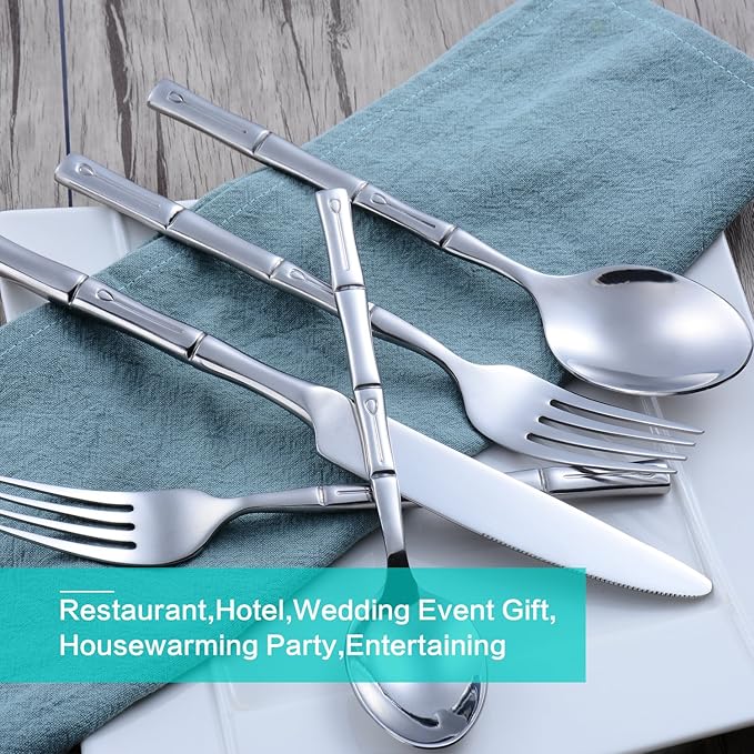 Flatware Set Silverware Set Stainless Steel Cutlery Set Bamboo Pattern Mirror Finished 60 Pieces Party Event Use Wedding Housewarming Gift Service for 12
