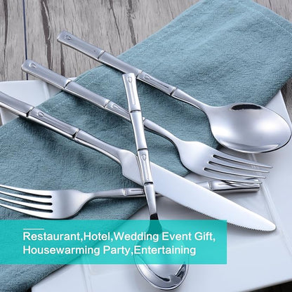 Flatware Set Silverware Set Stainless Steel Cutlery Set Bamboo Pattern Mirror Finished 60 Pieces Party Event Use Wedding Housewarming Gift Service for 12