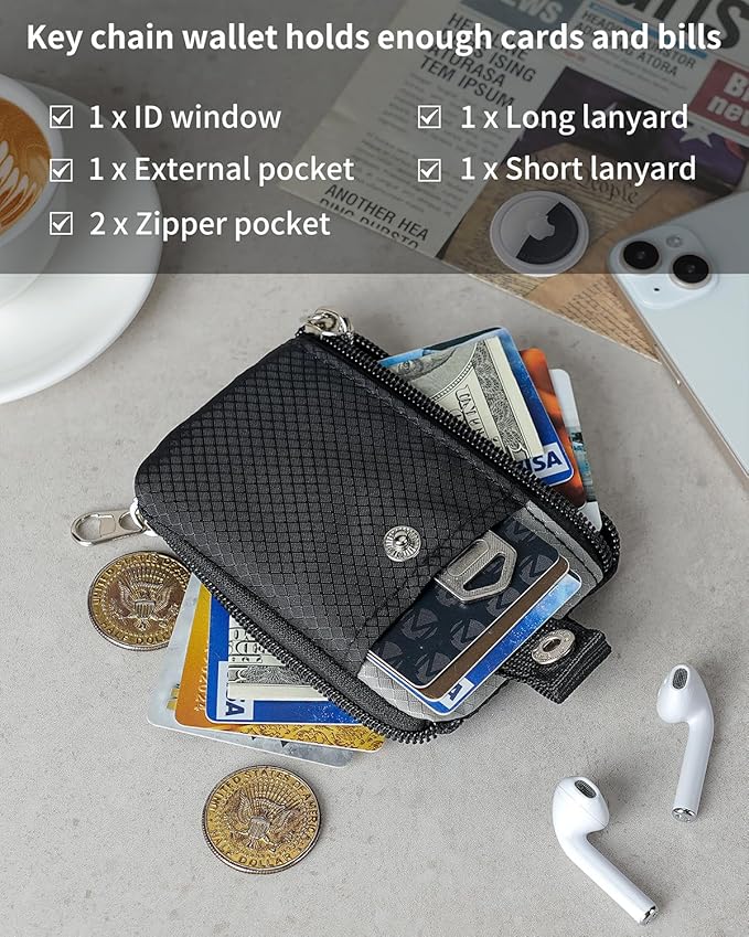 Minimalist Wallet For Mens Womens, Keychain RFID Blocking Zipper Small Wallet with ID Window 2 Lanyards,Water Resistant Travel Cash Card Coin Case Boys Girls
