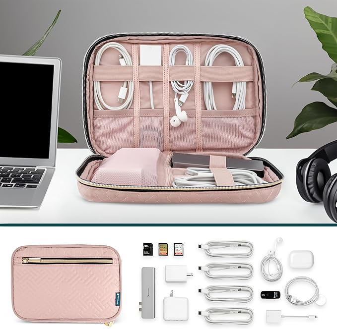 Pavilia Tech Organizer Case - Cable & Charger Storage, Travel Accessories - Pink Quilt