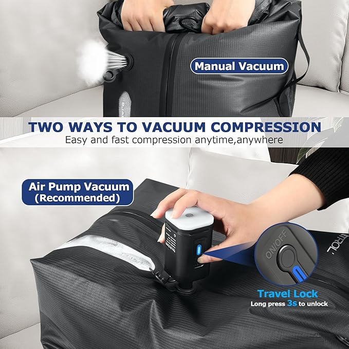 TPU Vacuum Bag for Travel, 70D Nylon Reusable Compression Bag with IP67 Waterproof Zipper, Compression Packing Cubes for Clothing(Gray-2 PCS + PUMP)