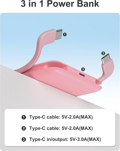 miisso 10000mAh Compatible with iPhone 15/16/17 and Android, Slim Portable Charger with Built in Cable, Power Bank Travel Charger External Battery Pack for Phone, 3 Output USB Type C Cord, Pink