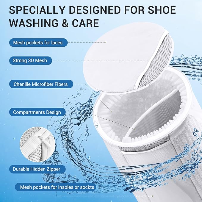 Large Shoe Bag for Washing Machine, Two-Zone Design, 2 Mesh Pockets, One-Step Wash for Complete Cleaning, Durable Invisible Zipper Sneaker Laundry Bag Home Dorm Essentials 9.45" x 13.8"