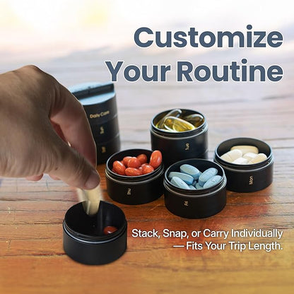 Ankomn - 7 Day Travel Pill Organizer. IPX7 Rating Waterproof, Airtight & Portable Pill Case for Vitamins. Durable Weekly Supplement Case with Stackable Compartments for Outdoor Use - Black