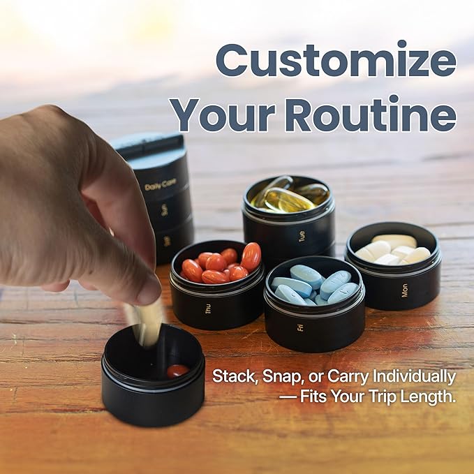 Ankomn - 7 Day Travel Pill Organizer for Men & Women. IPX7 Rating Waterproof, Airtight & Portable Pill Case for Vitamins. Durable Weekly Supplement Case with Stackable Compartments for Outdoor Use.