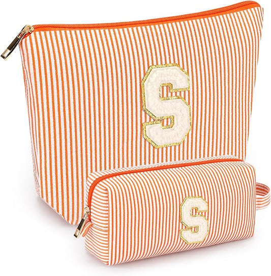 2 PCS Initial Makeup Bags for Women: Cosmetic Bag for Travel Toiletry - Birthday Gifts for 11 12 13 14 15 16 17 18 Years Old Girl Graduation Teacher Gift- Teen Girl Gifts Trendy Stuff - Orange S