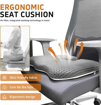 Gooo&Ma Ergonomic Seat Cushion with Air Fiber Core, Office Chair Cushion with Washable Cover & Non-Slip Base for Pressure Relief, Comfort for Long Sitting, Driving, Gaming (Gray)