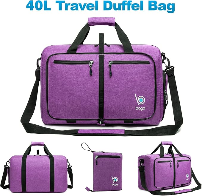 Bago Foldable Duffel Bags for Traveling Women & Men - 40L Sports Packable Duffle Bag for Travel with Shoe Compartment - Water Repellant, Heavy Duty, Lightweight Folding & Collapsible (SnowDepPurple)