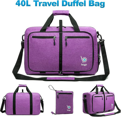 Bago Foldable Duffel Bags for Traveling Women & Men - 40L Sports Packable Duffle Bag for Travel with Shoe Compartment - Water Repellant, Heavy Duty, Lightweight Folding & Collapsible (SnowDepPurple)