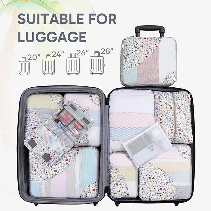 ALL INCLUDED 10 Set Durable Packing Cubes for Suitcases,OlarHike Essentials for Travel,UPGRADED Anti-Tear Stitching, NEW Improved Luggage Packing Organizers for Travel Accessories (Flower)