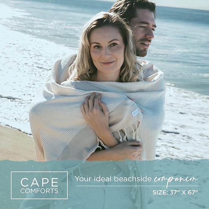 Large Turkish Beach Towel, Diamond Dobby Beige - 37'' x 67'' - Super Soft & Lightweight | Quick Dry Sand Free Travel Towels for Beach or Bath | Gifts