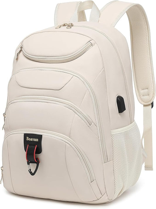 Boavan Laptop Backpack for women,15.6 inch Laptop Bag with USB Port, Waterproof Travel Work Backpack Purse, Anti-Theft Teacher Nurse Doctor Casual Bookbags Office Business backpack，Cream Beige