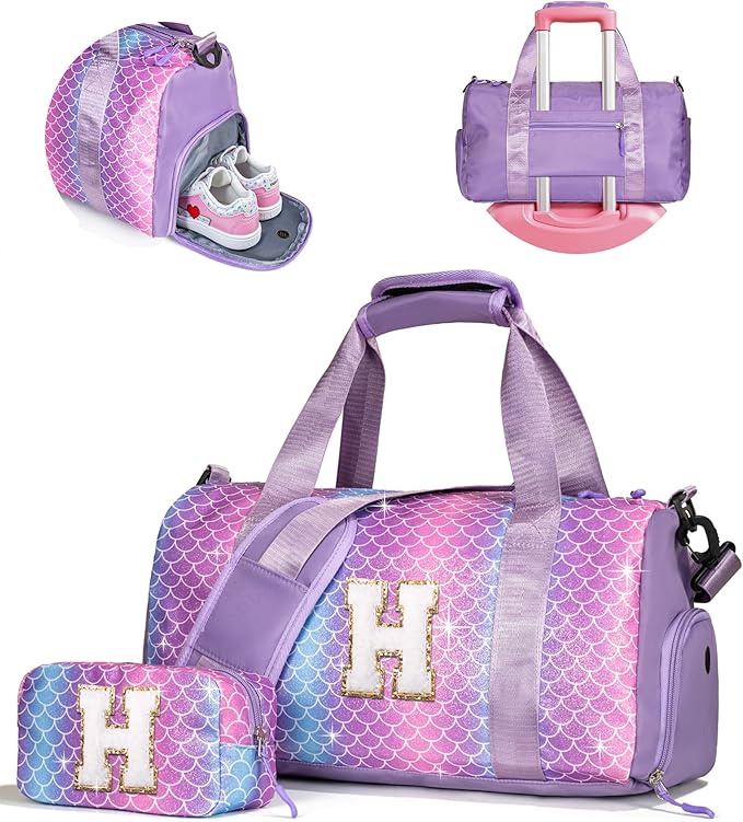 Gifts for Daughter-Girl Gym Bag with Shoe Compartment, Kid Personalized Weekender Overnight Bags, Initial Travel Tote with Makeup Pouch, Gift for Granddaughter Sister Niece (Letter H)