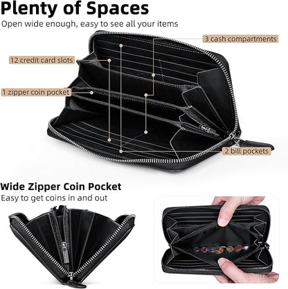 VISOUL Leather Long Zipper Pouch Wallet for Men and Women with RFID Blocking, Large Clutch Cash Long Wallet with Zipper (Black)