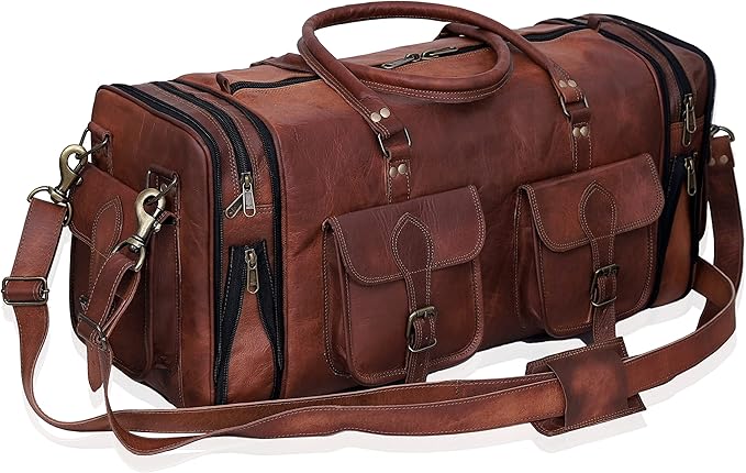 Genuine Leather Duffle Bag 24 Inch Handmade Vintage Travel Case Luggage Bags for Men, Overnight Carry On Duffel Bag Medium Weekender Gym Bag for Men and Women