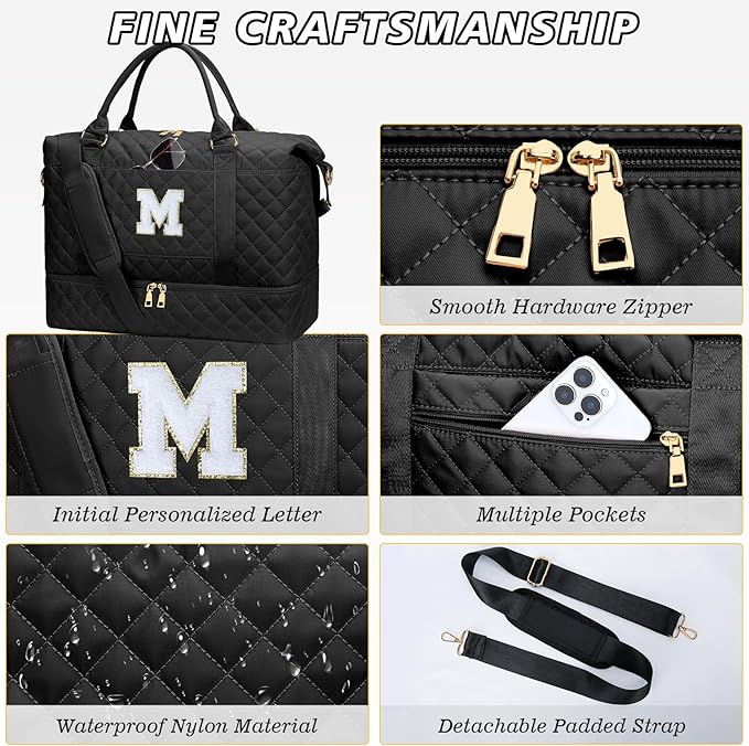 Gifts for Teens Girls Women Initial Travel Duffle Bag Quilted Weekender Carry-On Overnight with Cosmetic Bag, Gym Bag with Shoe Compartment, Black M