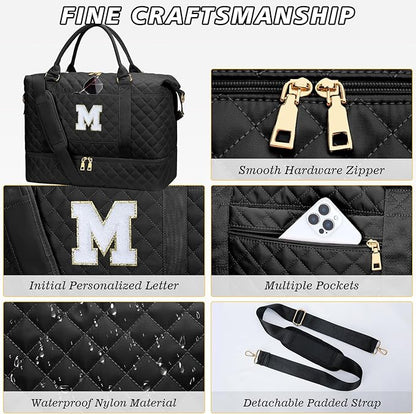 Gifts for Teens Girls Women Initial Travel Duffle Bag Quilted Weekender Carry-On Overnight with Cosmetic Bag, Gym Bag with Shoe Compartment, Black M