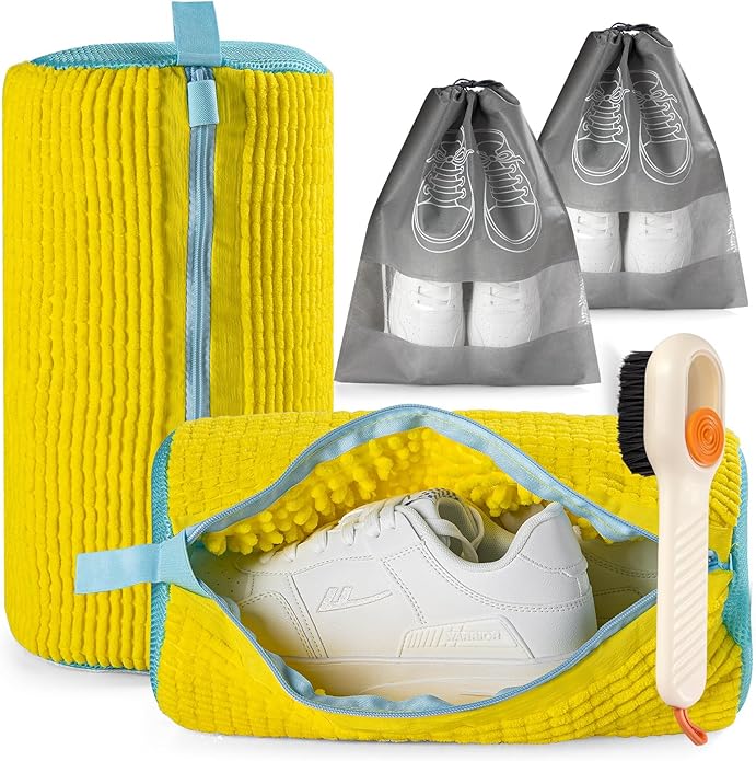 2 Pack Shoe Washing Bags with 2 Shoe Bags for Travel & 1 Shoe Brush - 360° Deep Clean for Sneakers/Tennis Shoes, Reusable with Self-locking Zipper & Microfiber Lining
