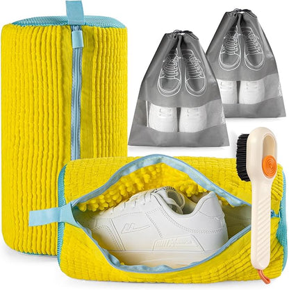 2 Pack Shoe Washing Bags with 2 Shoe Bags for Travel & 1 Shoe Brush - 360° Deep Clean for Sneakers/Tennis Shoes, Reusable with Self-locking Zipper & Microfiber Lining