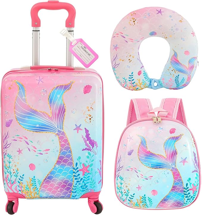 Sanwuta 4 Pcs Kids Luggage Set Backpack Travel Rolling Suitcase U-shape Pillow Christmas Children Gift for Girls Boys(17 Inch,Mermaid's Tail Style,Blue Purple)