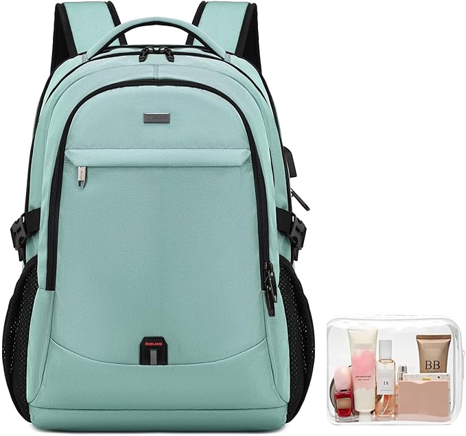 DUSLANG 17 Inch Laptop Backpack for Travel Water Resistant College Backpack for Men/Women Laptop Bag with USB Charging Port and Clear Cosmetic Toiletry Bag, Green A