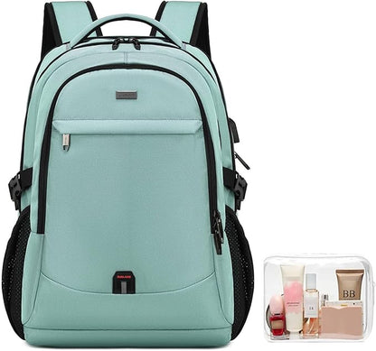 DUSLANG 17 Inch Laptop Backpack for Travel Water Resistant College Backpack for Men/Women Laptop Bag with USB Charging Port and Clear Cosmetic Toiletry Bag, Green A