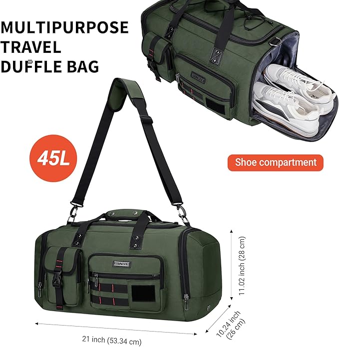 WITZMAN Travel Duffel Bags for Men Large Carry On Weekender Overnight Bag 3 in 1 Backpack with Shoe Compartment (B693 Army Green）
